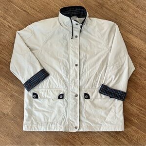 Sequece Lightweight Spring Jacket Cream Plaid Trim Snap Front, sz15/16 petite